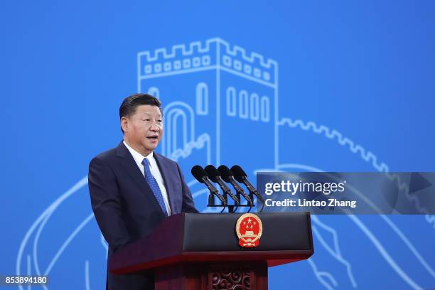 Chinese President Xi Jinping speaks during the 86th INTERPOL General Assembly at Beijing National Convention Center on September 26, 2017 in Beijing,...