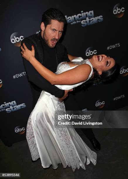 Personality Victoria Arlen and dancer Valentin Chmerkovskiy attend "Dancing with the Stars" season 25 at CBS Televison City on September 25, 2017 in...