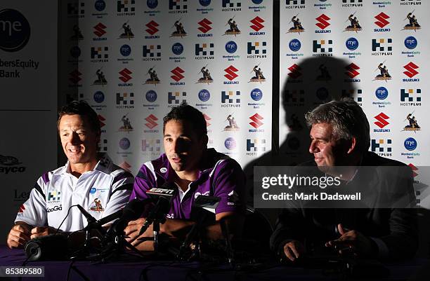 Melbourne Storm coach Craig Bellamy, Billy Slater and Club CEO Brian Waldron address the media during a Melbourne Storm press conference to announce...