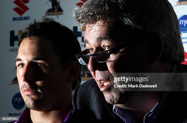 Billy Slater of the Storm and Club CEO Brian Waldron address the media during a Melbourne Storm press conference to announce Slaters contract...