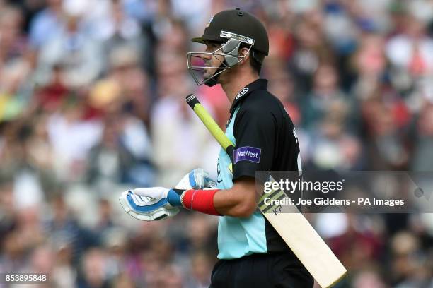 Surrey's Kevin Pietersen leaves the field dejected after being cauught and bowled by Birmingham Bears' Ateeq Javid during the NatWest T20 Blast Semi...