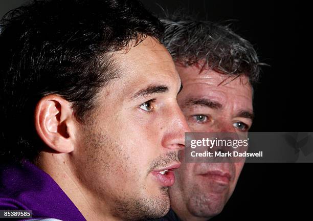Billy Slater of the Storm and Club CEO Brian Waldron address the media during a Melbourne Storm press conference to announce Slaters contract...