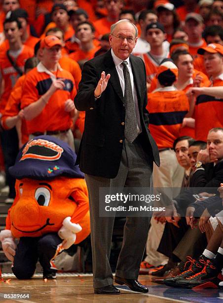 Head Coach Jim Boeheim of the Syracuse Orange reacts on the sidelines during a game against the Seton Hall Pirates during the second round of the Big...