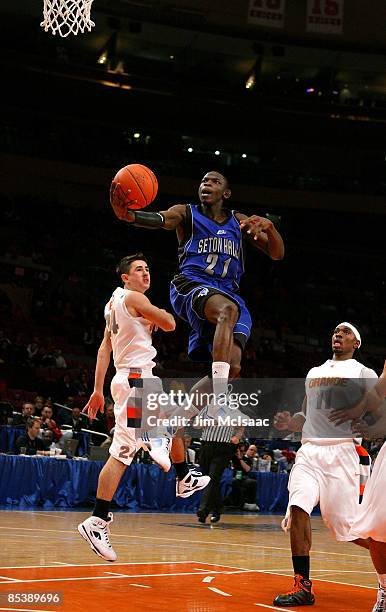 Jeremy Hazell of the Seton Hall Pirates drives to the hoop against the Syracuse Orange during the second round of the Big East Tournament at Madison...