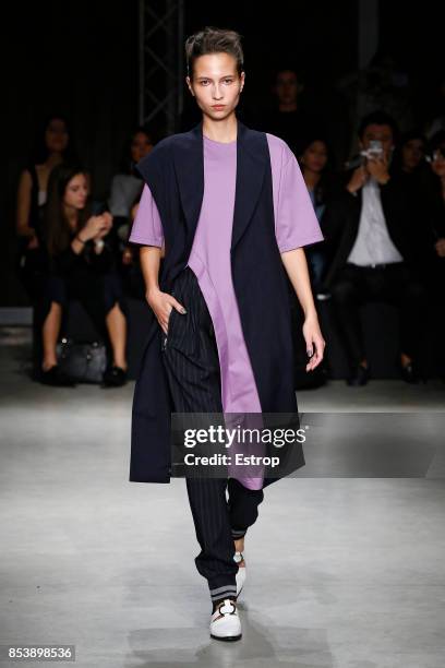 Model walks the runway at the Ujoh show during Milan Fashion Week Spring/Summer 2018 on September 25, 2017 in Milan, Italy.