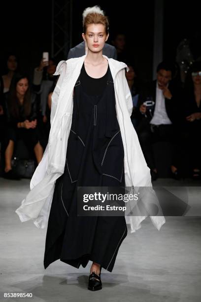 Model walks the runway at the Ujoh show during Milan Fashion Week Spring/Summer 2018 on September 25, 2017 in Milan, Italy.