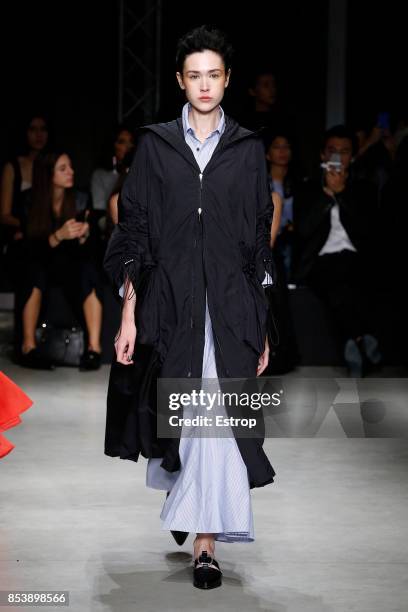 Model walks the runway at the Ujoh show during Milan Fashion Week Spring/Summer 2018 on September 25, 2017 in Milan, Italy.