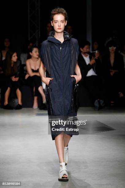 Model walks the runway at the Ujoh show during Milan Fashion Week Spring/Summer 2018 on September 25, 2017 in Milan, Italy.