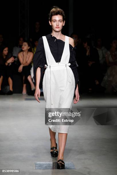 Model walks the runway at the Ujoh show during Milan Fashion Week Spring/Summer 2018 on September 25, 2017 in Milan, Italy.