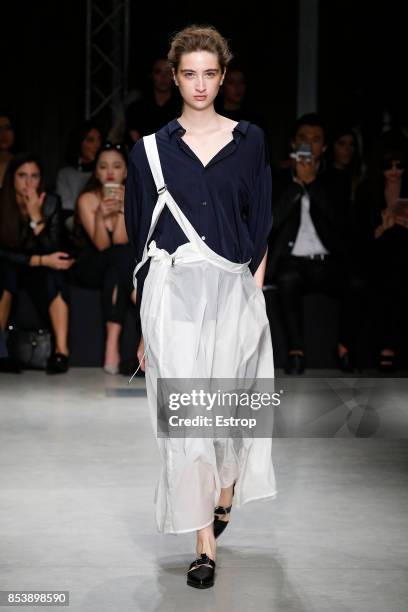 Model walks the runway at the Ujoh show during Milan Fashion Week Spring/Summer 2018 on September 25, 2017 in Milan, Italy.