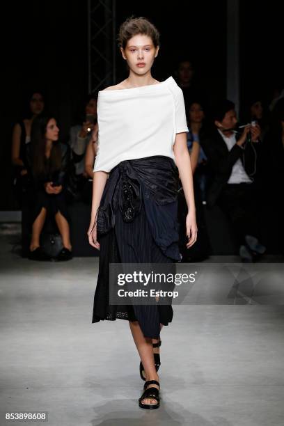 Model walks the runway at the Ujoh show during Milan Fashion Week Spring/Summer 2018 on September 25, 2017 in Milan, Italy.