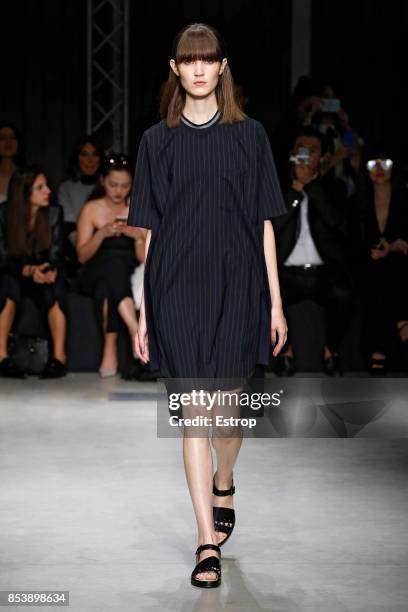 Model walks the runway at the Ujoh show during Milan Fashion Week Spring/Summer 2018 on September 25, 2017 in Milan, Italy.