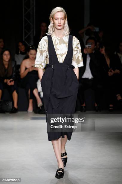 Model walks the runway at the Ujoh show during Milan Fashion Week Spring/Summer 2018 on September 25, 2017 in Milan, Italy.