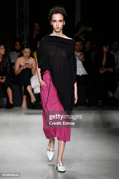 Model walks the runway at the Ujoh show during Milan Fashion Week Spring/Summer 2018 on September 25, 2017 in Milan, Italy.