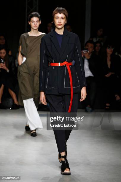 Model walks the runway at the Ujoh show during Milan Fashion Week Spring/Summer 2018 on September 25, 2017 in Milan, Italy.