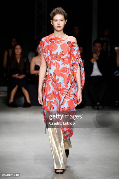 Model walks the runway at the Ujoh show during Milan Fashion Week Spring/Summer 2018 on September 25, 2017 in Milan, Italy.