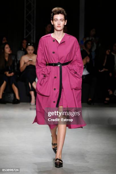 Model walks the runway at the Ujoh show during Milan Fashion Week Spring/Summer 2018 on September 25, 2017 in Milan, Italy.