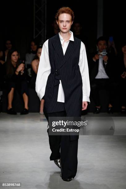 Model walks the runway at the Ujoh show during Milan Fashion Week Spring/Summer 2018 on September 25, 2017 in Milan, Italy.