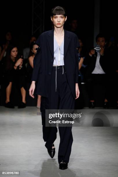 Model walks the runway at the Ujoh show during Milan Fashion Week Spring/Summer 2018 on September 25, 2017 in Milan, Italy.