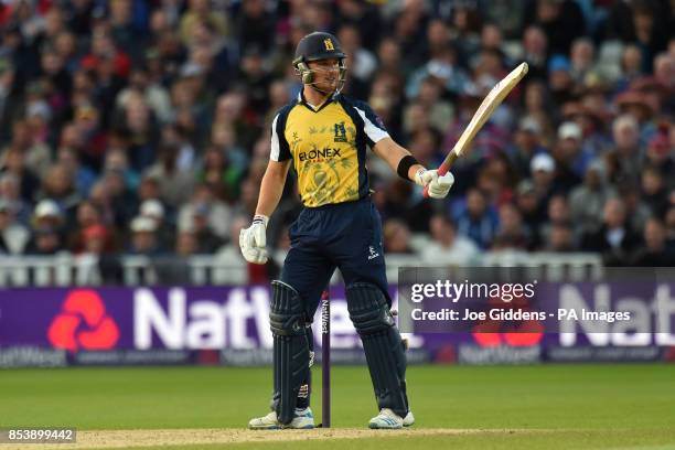 Birmingham Bears' Laurie Evans acknowledges reaching 50 during the NatWest T20 Blast Final at Edgbaston, Birmingham.