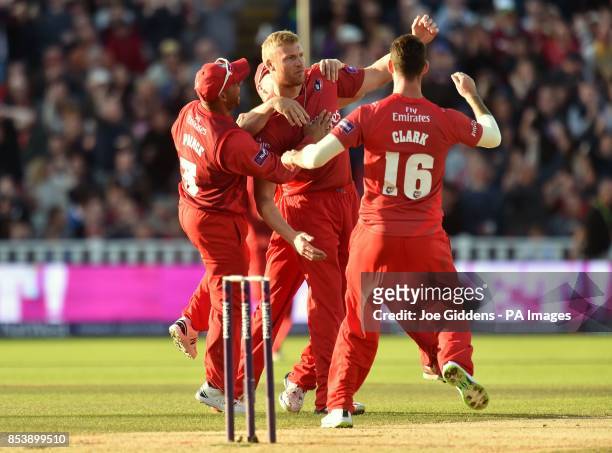 Lancashire Lightning's Andrew Flintoff celebrates after taking the wicket of Birmingham Bears' Ian Bell with his first ball during the NatWest T20...