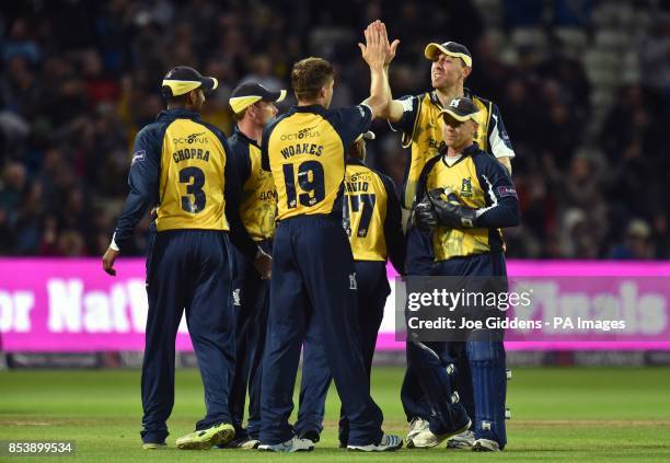 Birmingham Bears' Chris Woakes celebrates taking the wicket of Lancashire Lightning's Tom Smith during the NatWest T20 Blast Final at Edgbaston,...