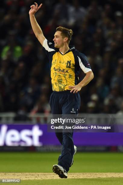 Birmingham Bears' Chris Woakes celebrates taking the wicket of Lancashire Lightning's Tom Smith during the NatWest T20 Blast Final at Edgbaston,...