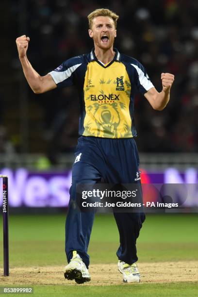 Birmingham Bears' Oliver Hannon-Dalby celebrates taking the wicket of Lancashire Lightning's Jordan Clark during the NatWest T20 Blast Final at...