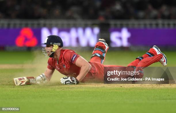 Lancashire Lightning's Andrew Flintoff dives in to the crease during the NatWest T20 Blast Final at Edgbaston, Birmingham.