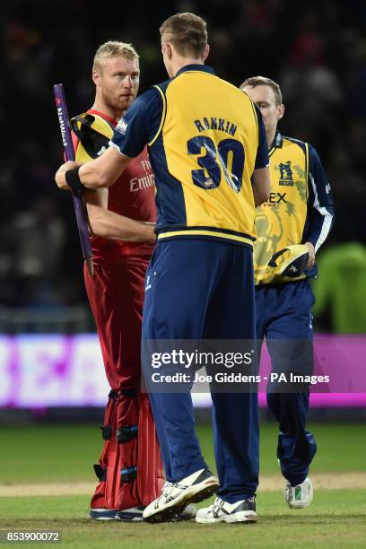 Lancashire Lightning's Andrew Flintoff congratulates Birmingham Bears' Boyd Rankin after the NatWest T20 Blast Final at Edgbaston, Birmingham.