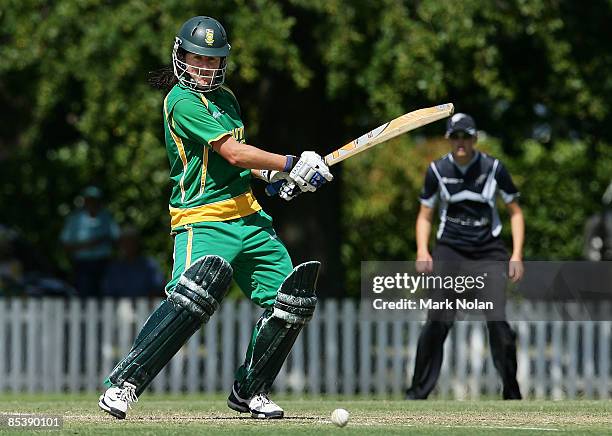 Cri-Zelda Brits of South Africa plays a square cut during the ICC Women's World Cup 2009 round two group stage match between New Zealand and South...
