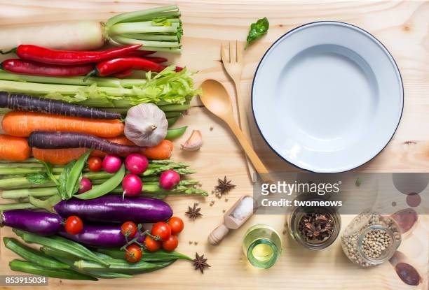 flay lay fresh uncooked vegan food still life. - kitchen bench from above stock-fotos und bilder