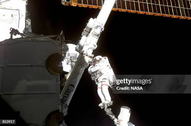 Astronaut Chris A. Hadfield, STS-100 mission specialist representing the Canadian Space Agency , stands on a Canadian-built robot arm to work with...