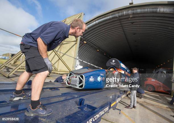 The Bloodhound Supersonic Car is unloaded at its new home in a hanger at Cornwall Airport near Newquay on September 25, 2017 in Cornwall, England....