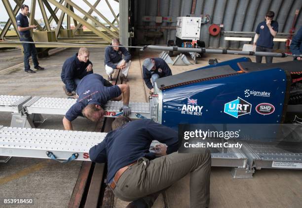 The Bloodhound Supersonic Car is unloaded at its new home in a hanger at Cornwall Airport near Newquay on September 25, 2017 in Cornwall, England....