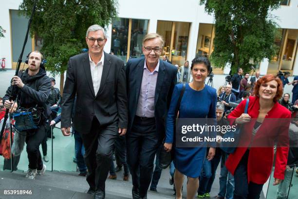 Top candidates of Die Linke party Sahra Wagenknecht and Dietmar Bartsch and Co-Leaders Katja Kipping and Bernd Riexinger arive to a press conference...