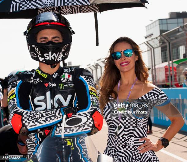 Francesco Bagnaia Sky Racing Team Vr46 Kalex whit umbrella girl during of race day of the Gran Premio Movistar de Aragon, Circuit of Motorland,...