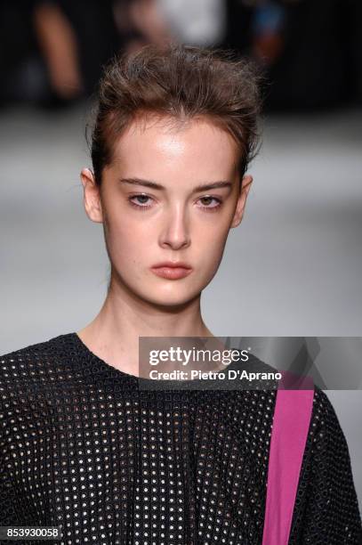 Model, beauty detail, walks the runway at the Ujoh show during Milan Fashion Week Spring/Summer 2018 on September 25, 2017 in Milan, Italy.