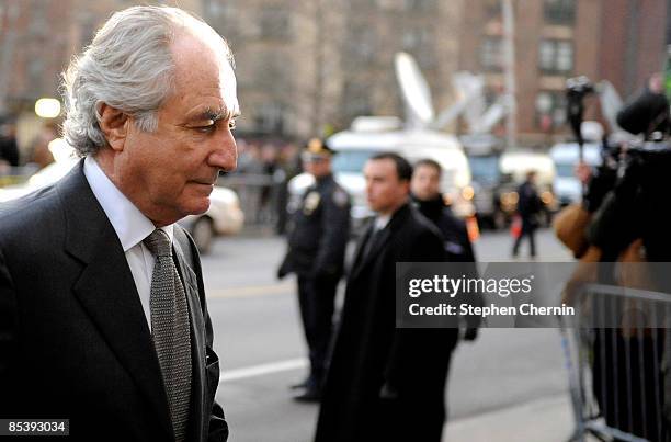 Financier Bernard Madoff arrives at Manhattan Federal court on March 12, 2009 in New York City. Madoff is scheduled to enter a guilty plea on 11...