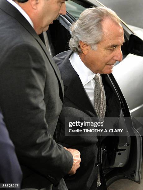 Disgraced Wall Street financier Bernard Madoff arrives at a US Federal Court on March 12, 2009 in New York. Pleading guilty to all 11 counts of fraud...