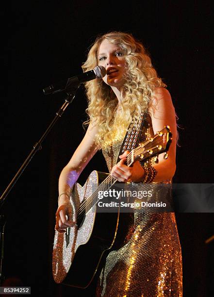 Musician Taylor Swift performs live on stage in concert on the Sydney stop of her "Fearless" tour at The Factory Theatre on March 12, 2009 in Sydney,...