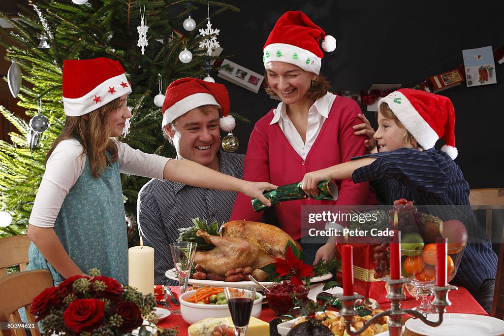 Family christmas dinner pulling cracker