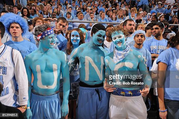 North Carolina fans in stands wearing body paint with letters spelling out U-N-C during game vs Duke. Chapel Hill, NC 3/8/2009 CREDIT: Bob Rosato