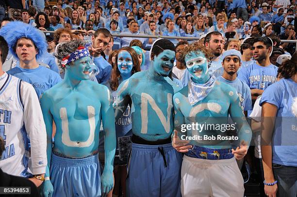 North Carolina fans in stands wearing body paint with letters spelling out U-N-C during game vs Duke. Chapel Hill, NC 3/8/2009 CREDIT: Bob Rosato