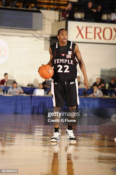 Dionte Christmas of the Temple Owls brings the ball up the court against the George Washington Colonials on March 7, 2009 at the Smith Center in...