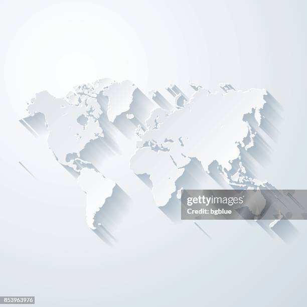 illustrazioni stock, clip art, cartoni animati e icone di tendenza di mappa del mondo con effetto taglio carta su sfondo vuoto - 3d map of asia