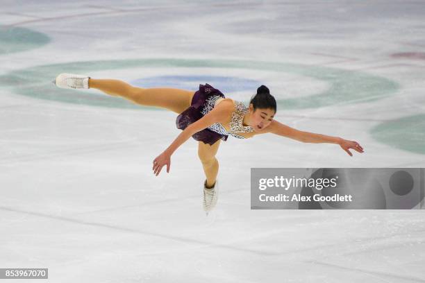 Mirai Nagasu performs for a crowd during the Team USA Media Summit demo event on September 25, 2017 in Park City, Utah.