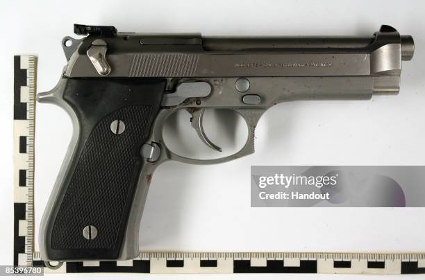 In this handout picture provided by the German Police the murder weapon of Tim Kretschmer type Beretta is seen on March 12, 2009 in Winnenden near...