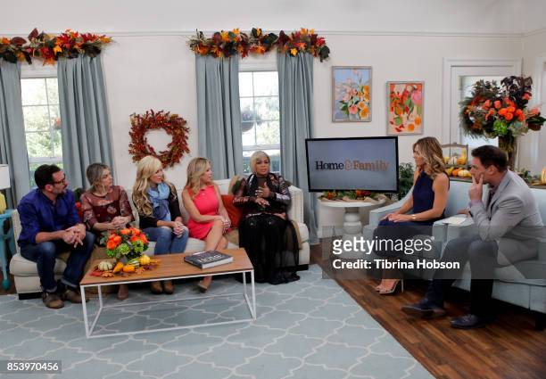Lawrence Zarian, Ali Fedotowsky, Paige Hemmis, Kym Douglas, T-Boz, Debbie Matenopoulos and Mark Steines talk on the set of Hallmark's 'Home and...