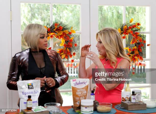 Boz and Kym Douglas talk on the set of Hallmark's 'Home and Family' at Universal Studios Hollywood on September 25, 2017 in Universal City,...